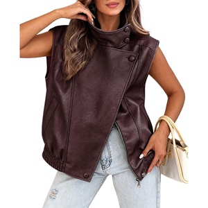 Tankaneo Womens Oversized Faux Leather Vest Stand Collar Sleeveless Jacket(Burgundy)
