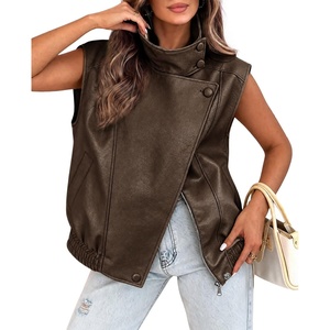 Tankaneo Womens Oversized Faux Leather Vest Stand Collar Sleeveless Jacket(Dark Brown)