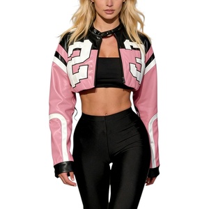 Women’s Faux Leather Jacket Zip Up Cropped Bomber Jacket for Women Moto Motorcycle Jacket Winter Outerwear(Pink)