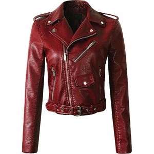 Women’s Faux Leather Textured Short Moto Jacket Zip-up Slim PU Biker Coat with Pockets(Wine)