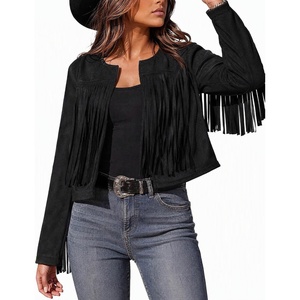 Women’s Faux Suede Fringe Jacket Fall Cropped Coats Cowgirl Outfits(Black)