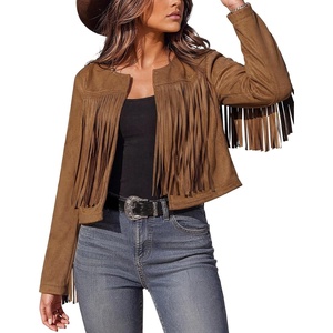 Women’s Faux Suede Fringe Jacket Fall Cropped Coats Cowgirl Outfits(Dark Brown)