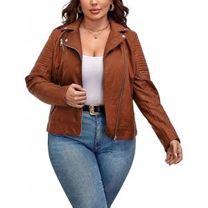 Women’s Plus Size Faux Leather Zip Up Moto Jacket Fashion Coats 1X-5X(Brown Pu Jacket)