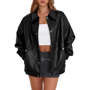 XIEERDUO Leather Jacket Women Fall Outfits 2026 Oversized Motorcycle Y2K Clothes Faux Leather Pocket Winter Coats Zip Up(Black)