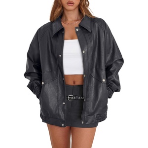 XIEERDUO Leather Jacket Women Fall Outfits 2026 Oversized Motorcycle Y2K Clothes Faux Leather Pocket Winter Coats Zip Up(Charcoal Grey)