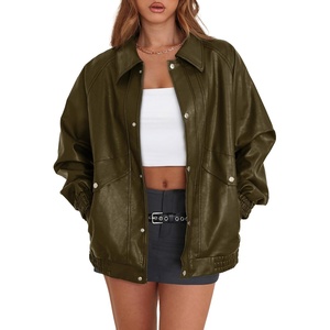 XIEERDUO Leather Jacket Women Fall Outfits 2026 Oversized Motorcycle Y2K Clothes Faux Leather Pocket Winter Coats Zip Up(Olive Green)