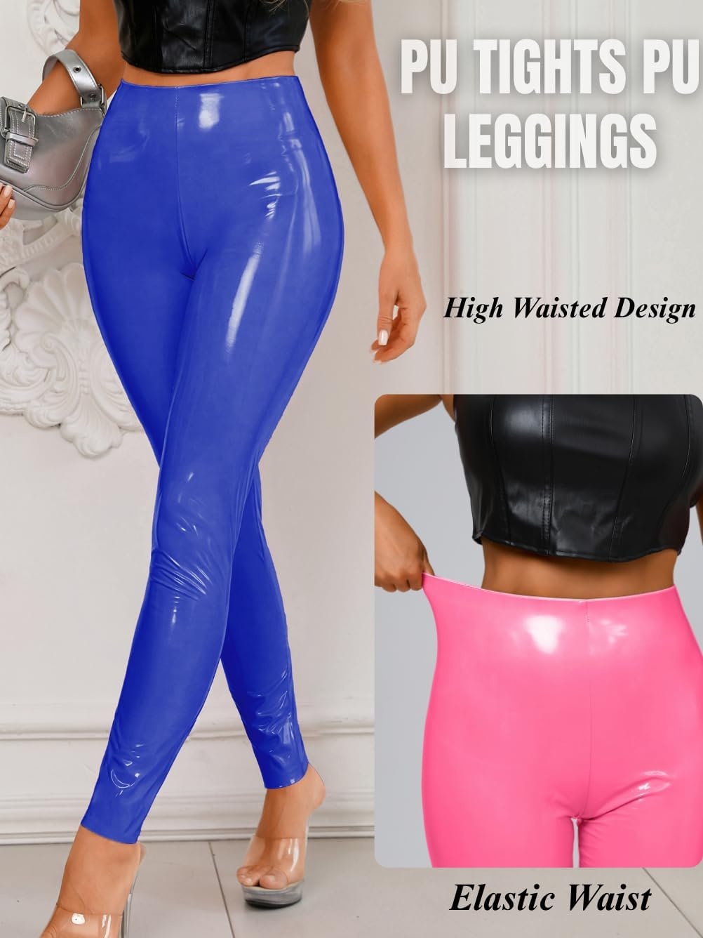 image:imageChiaoLezhee Faux Leather Leggings for Women High Waisted Pleather PantsBlue