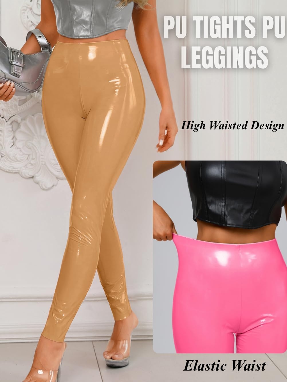 image:imageChiaoLezhee Faux Leather Leggings for Women High Waisted Pleather PantsKhaki