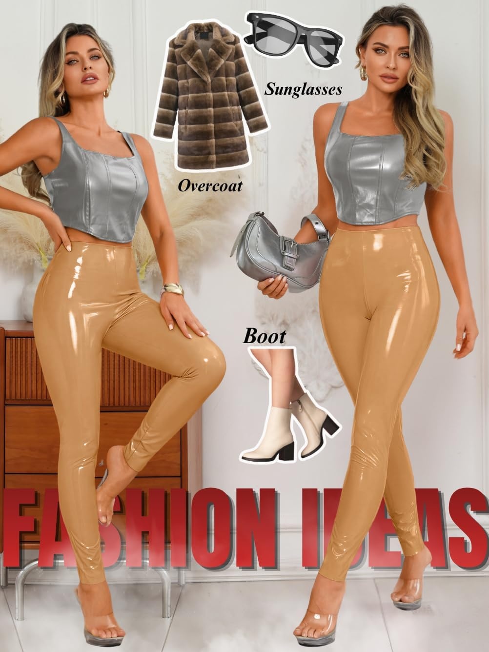 image:imageChiaoLezhee Faux Leather Leggings for Women High Waisted Pleather PantsKhaki