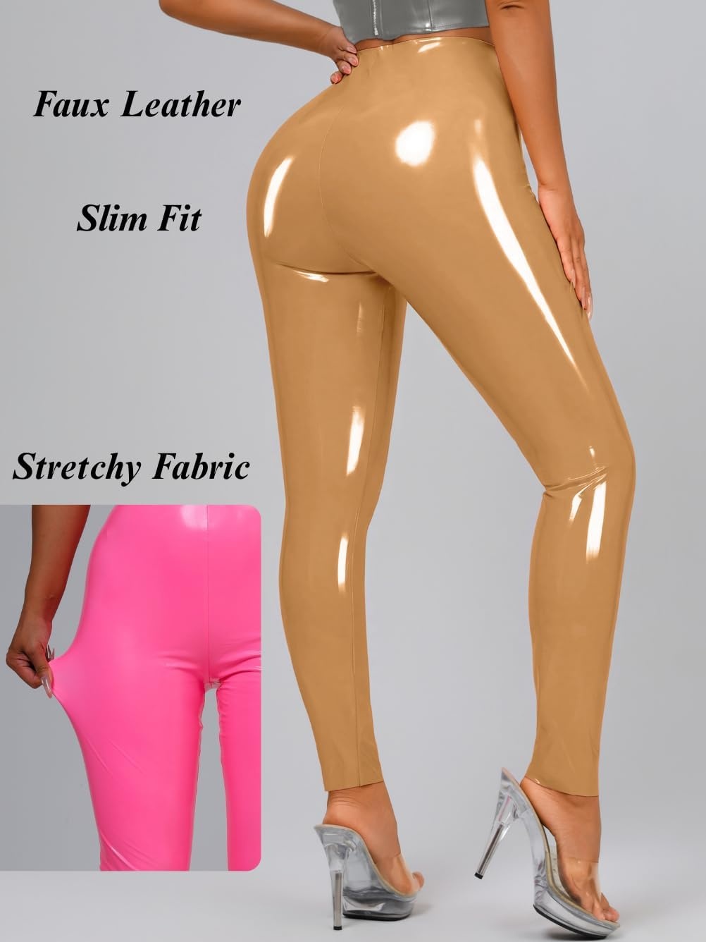 image:imageChiaoLezhee Faux Leather Leggings for Women High Waisted Pleather PantsKhaki