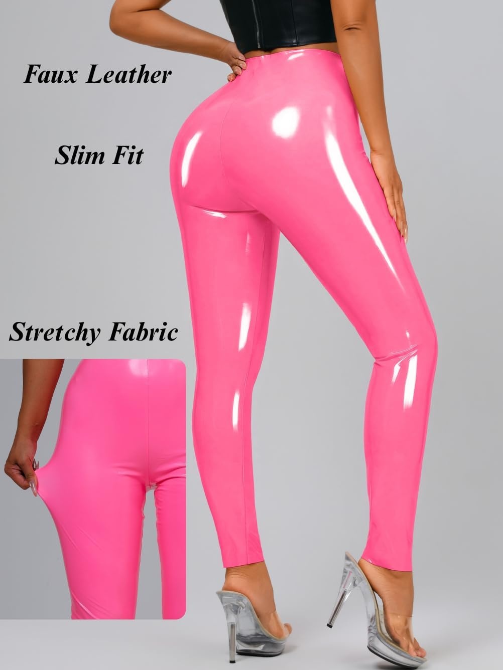 image:imageChiaoLezhee Faux Leather Leggings for Women High Waisted Pleather PantsPink
