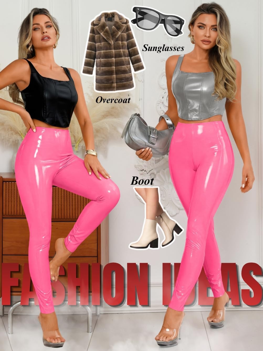 image:imageChiaoLezhee Faux Leather Leggings for Women High Waisted Pleather PantsPink