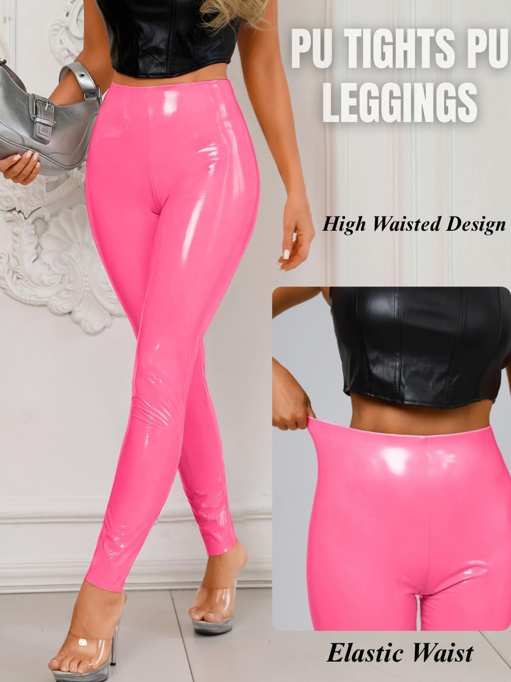 image:imageChiaoLezhee Faux Leather Leggings for Women High Waisted Pleather PantsPink