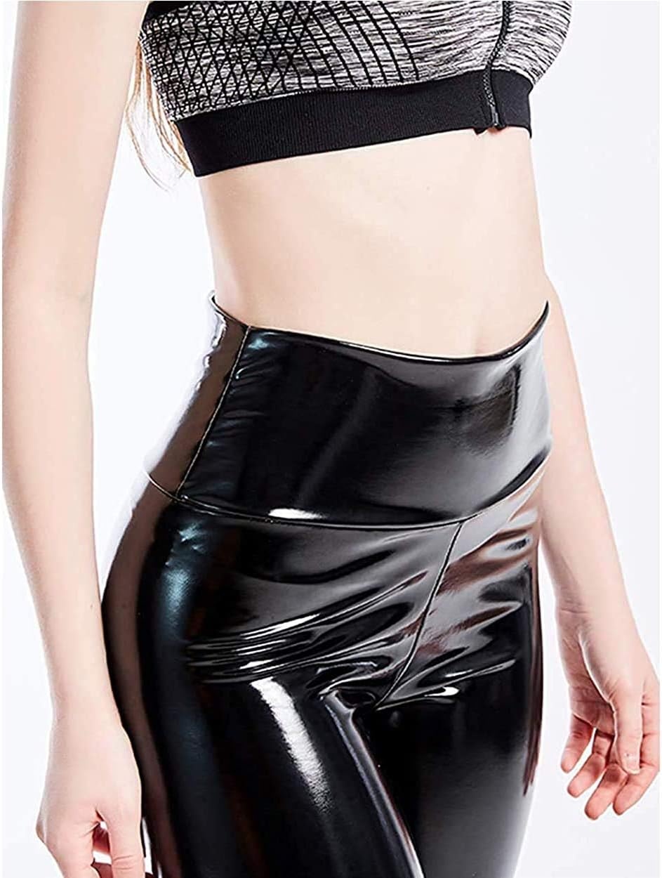 image:imageHigh Waisted Faux Leather Leggings for Women Shiny Latex Pants Sexy Punk Black PU Tight TrousersBlack