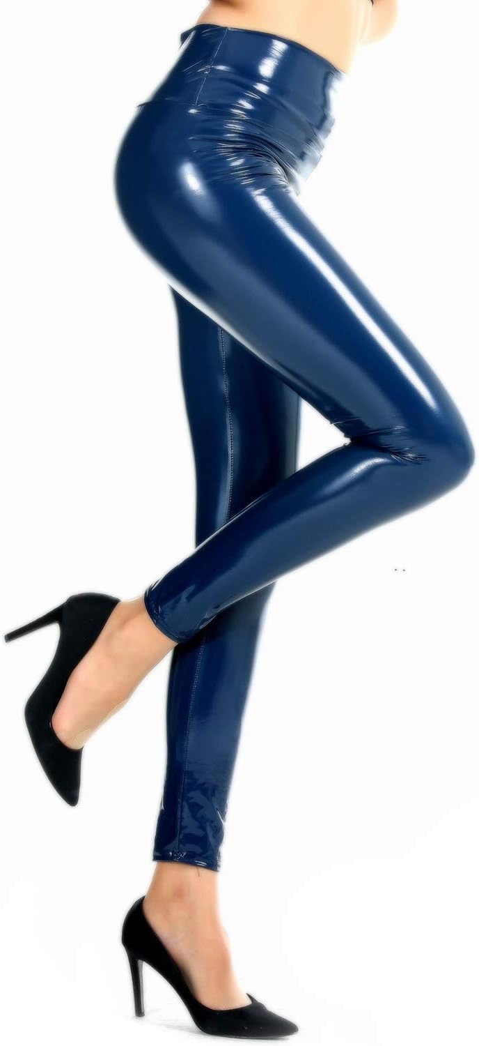 image:imageHigh Waisted Faux Leather Leggings for Women Shiny Latex Pants Sexy Punk Black PU Tight TrousersNavy