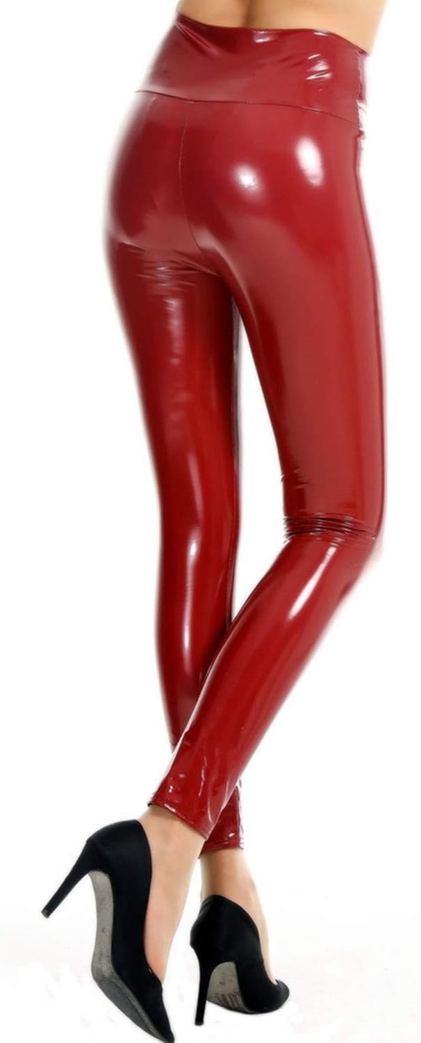 image:imageHigh Waisted Faux Leather Leggings for Women Shiny Latex Pants Sexy Punk Black PU Tight TrousersWine Red