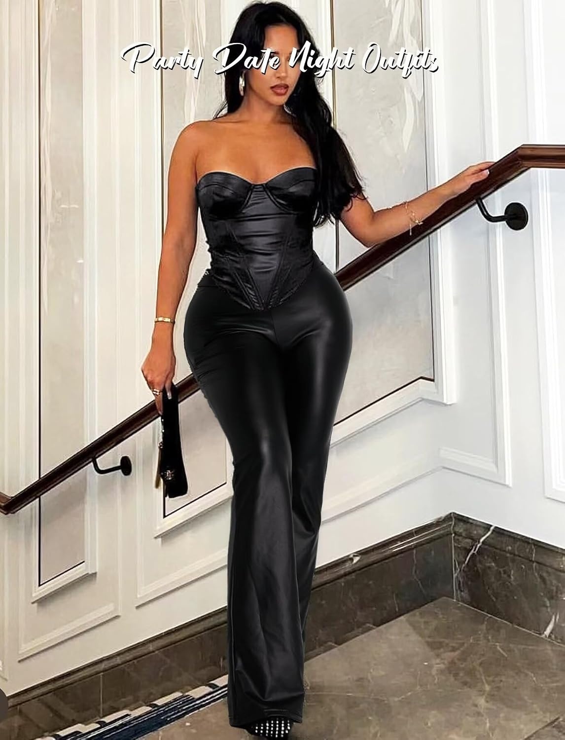 image:imageTZLDN Women High Waisted Faux Leather Flare Pants Bell Bottom Sexy LeggingsBlack