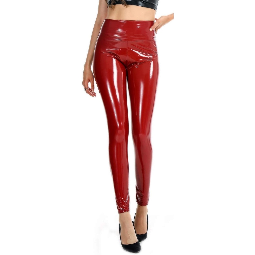 image:imageHigh Waisted Faux Leather Leggings for Women Shiny Latex Pants Sexy Punk Black PU Tight TrousersWine Red
