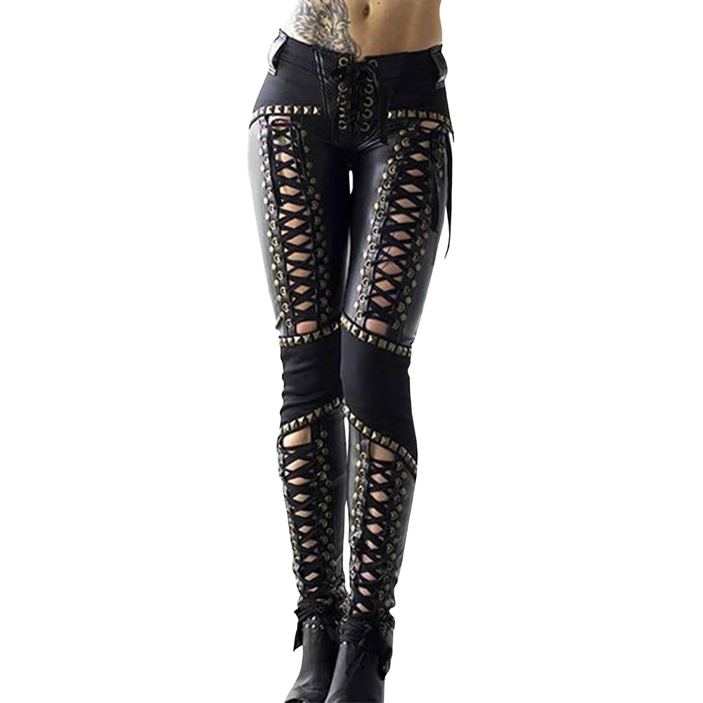 image:imagexxxiticat Womens Faux Leather Pants Lace Up Patchwork Studded Punk LeggingBlack