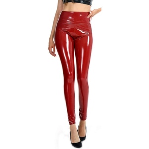 High Waisted Faux Leather Leggings for Women Shiny Latex Pants Sexy Punk Black PU Tight Trousers(Wine Red)