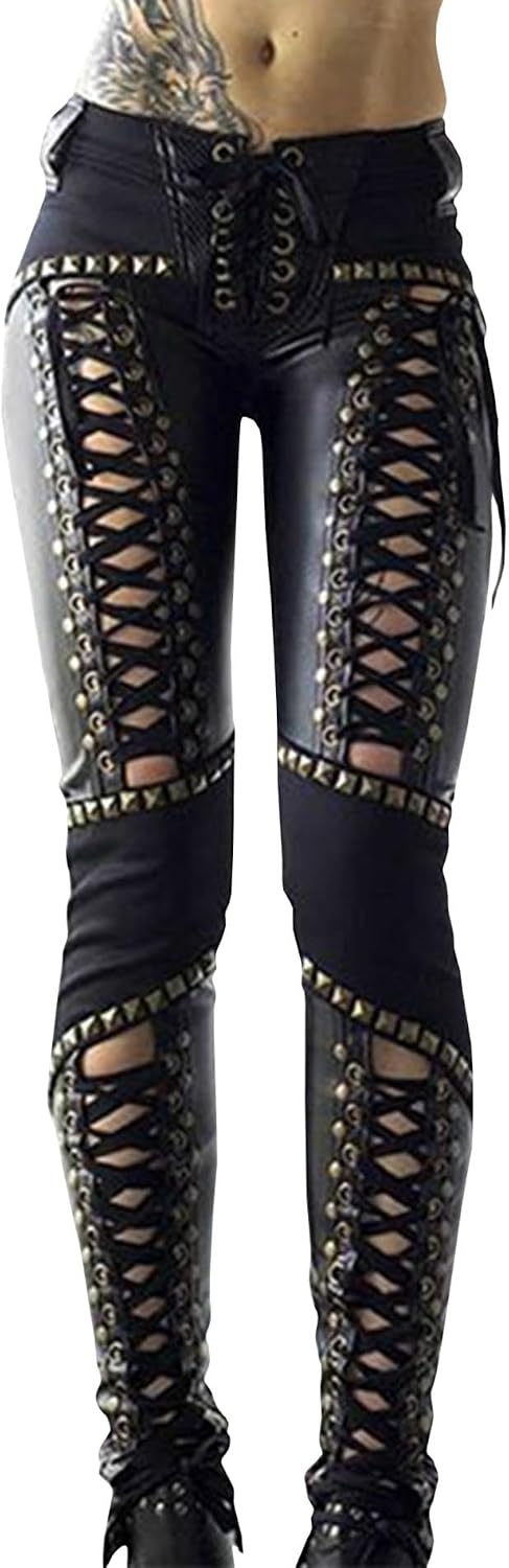 image:imagexxxiticat Womens Faux Leather Pants Lace Up Patchwork Studded Punk LeggingBlack