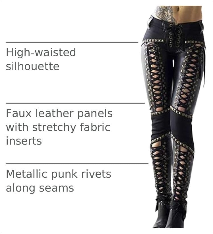 image:imagexxxiticat Womens Faux Leather Pants Lace Up Patchwork Studded Punk LeggingBlack