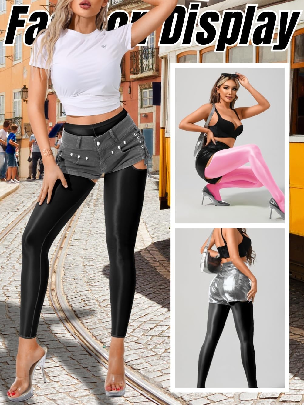 image:imageChiaoLezhee Sexy Shiny Leggings For Women Sheer High Waisted Shimmer Sparkly Glossy Rave Party Pants Suspender PantyhoseBlack