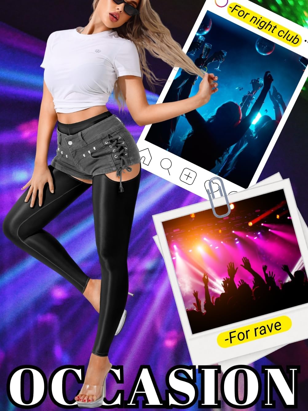 image:imageChiaoLezhee Sexy Shiny Leggings For Women Sheer High Waisted Shimmer Sparkly Glossy Rave Party Pants Suspender PantyhoseBlack
