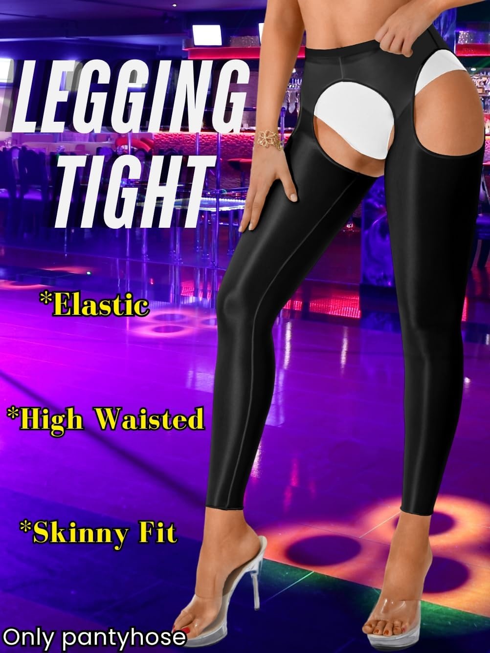 image:imageChiaoLezhee Sexy Shiny Leggings For Women Sheer High Waisted Shimmer Sparkly Glossy Rave Party Pants Suspender PantyhoseBlack