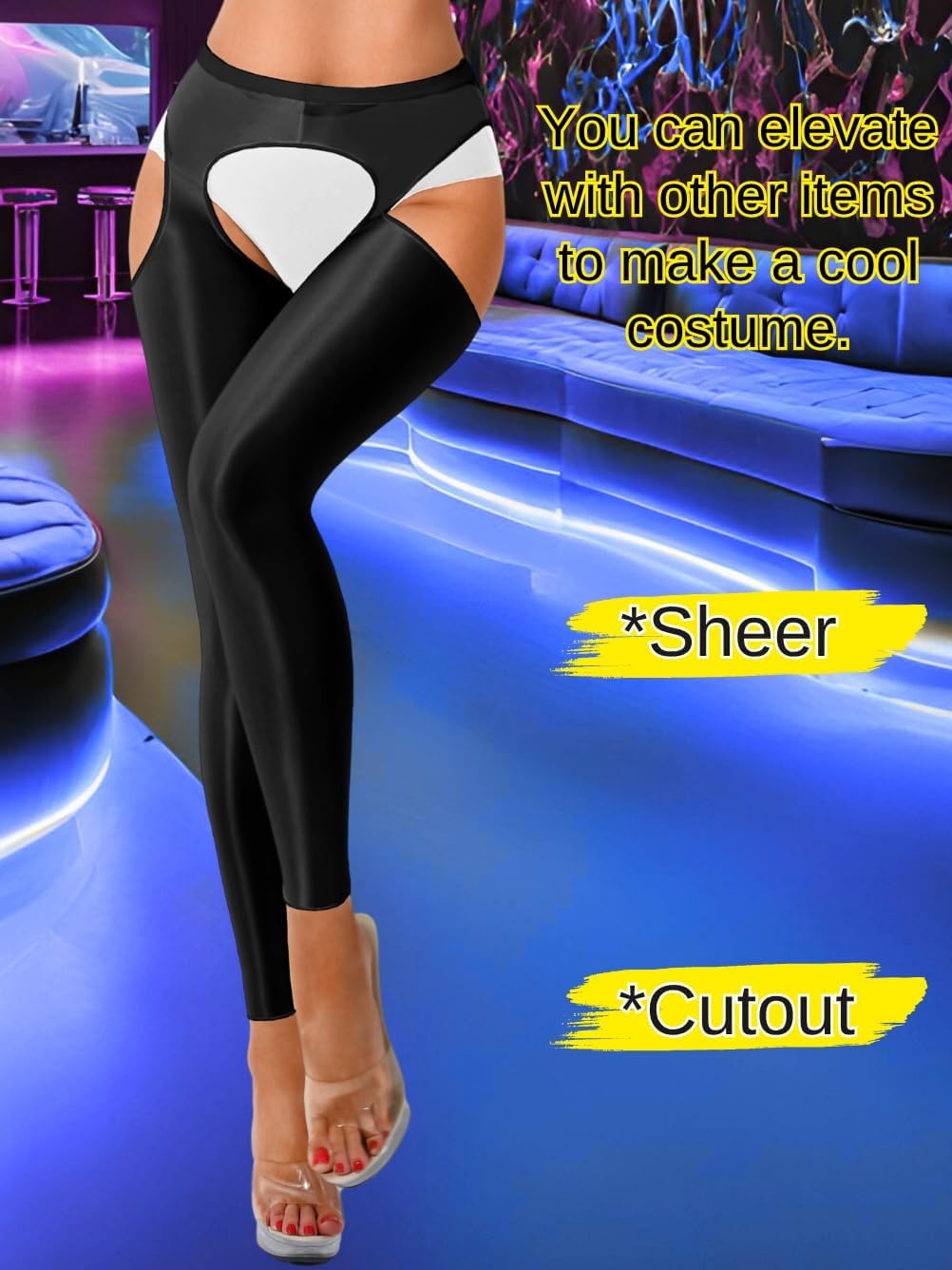 image:imageChiaoLezhee Sexy Shiny Leggings For Women Sheer High Waisted Shimmer Sparkly Glossy Rave Party Pants Suspender PantyhoseBlack