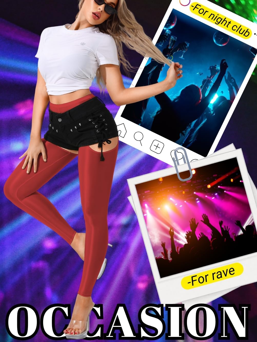 image:imageChiaoLezhee Sexy Shiny Leggings For Women Sheer High Waisted Shimmer Sparkly Glossy Rave Party Pants Suspender PantyhoseBurgundy