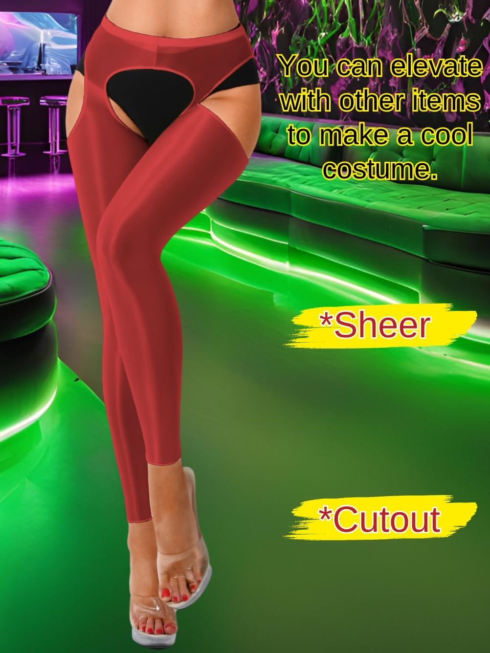 image:imageChiaoLezhee Sexy Shiny Leggings For Women Sheer High Waisted Shimmer Sparkly Glossy Rave Party Pants Suspender PantyhoseBurgundy