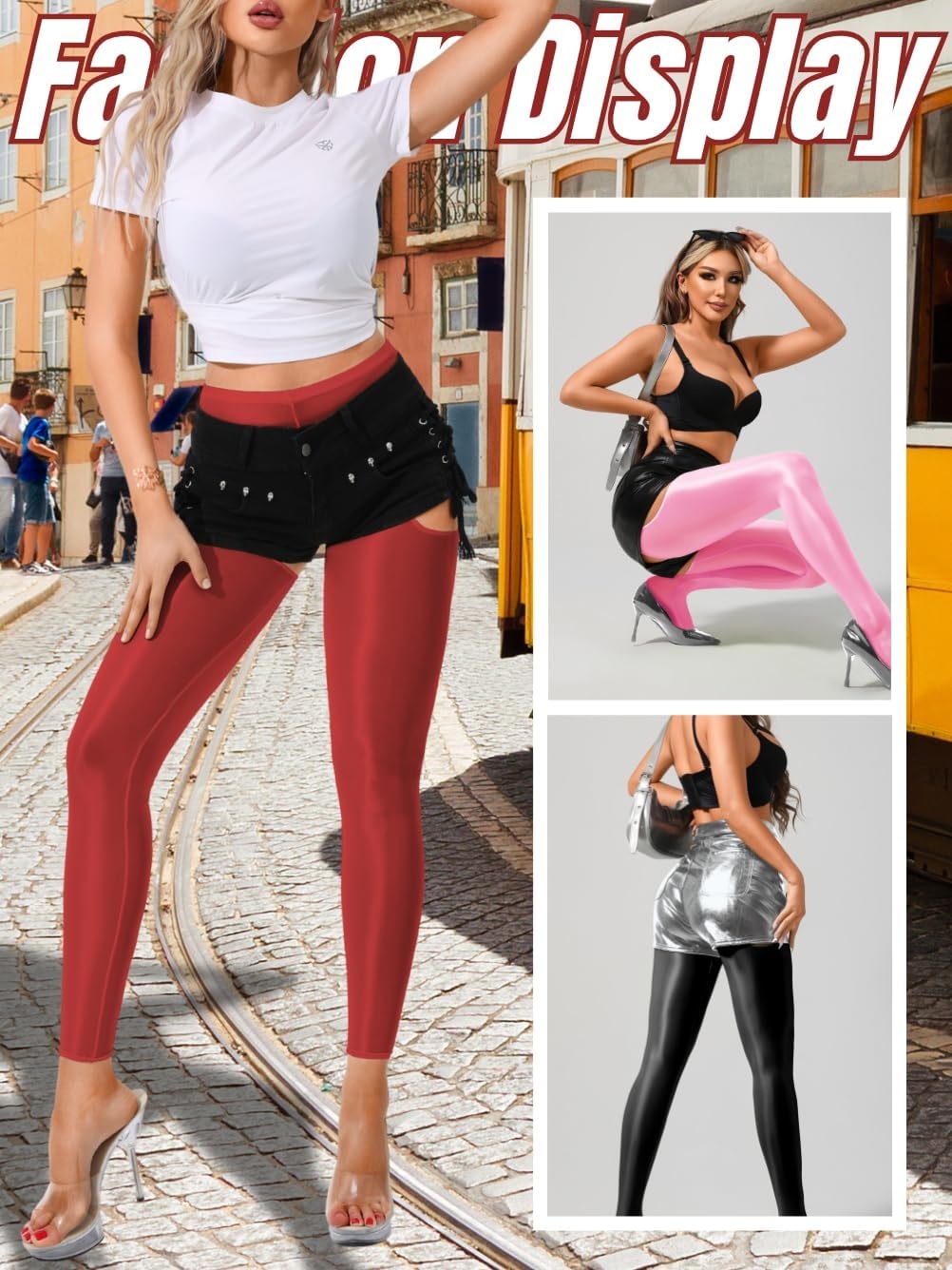 image:imageChiaoLezhee Sexy Shiny Leggings For Women Sheer High Waisted Shimmer Sparkly Glossy Rave Party Pants Suspender PantyhoseBurgundy
