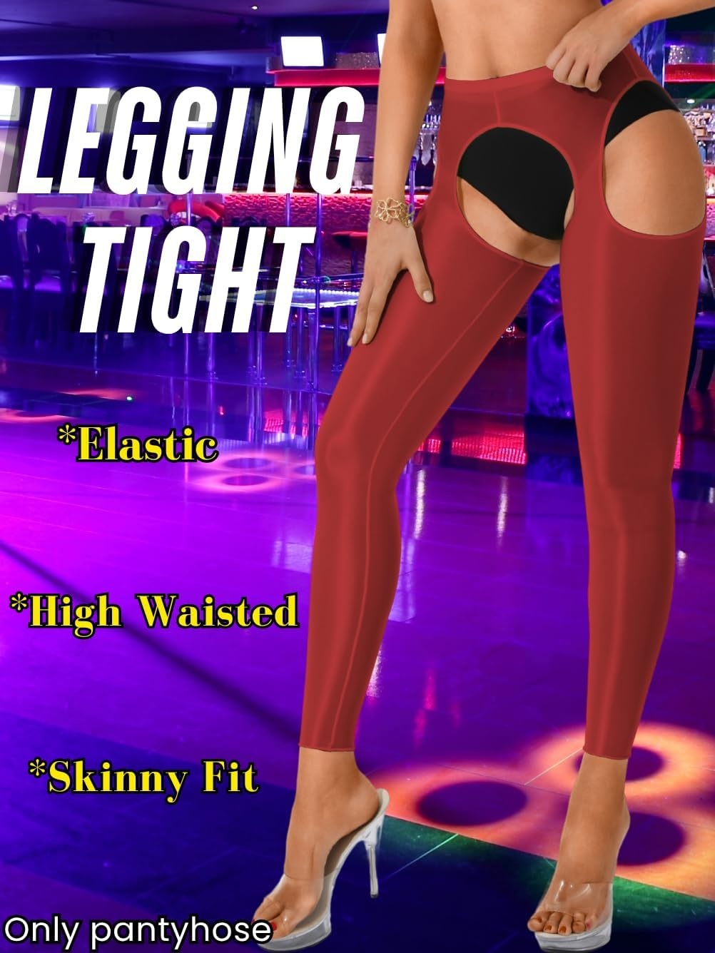 image:imageChiaoLezhee Sexy Shiny Leggings For Women Sheer High Waisted Shimmer Sparkly Glossy Rave Party Pants Suspender PantyhoseBurgundy