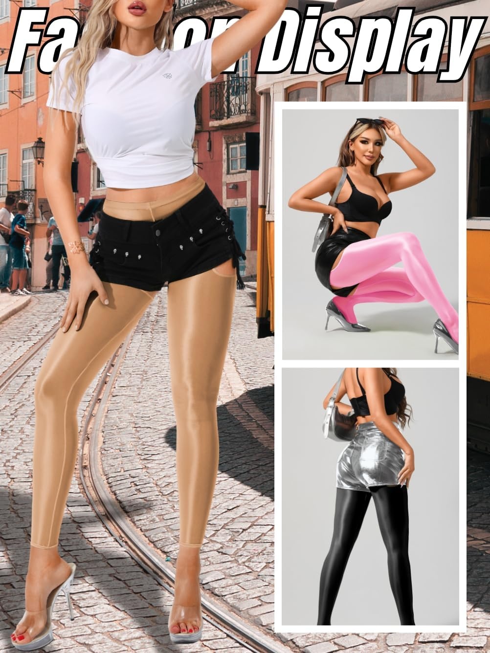 image:imageChiaoLezhee Sexy Shiny Leggings For Women Sheer High Waisted Shimmer Sparkly Glossy Rave Party Pants Suspender PantyhoseCoffee