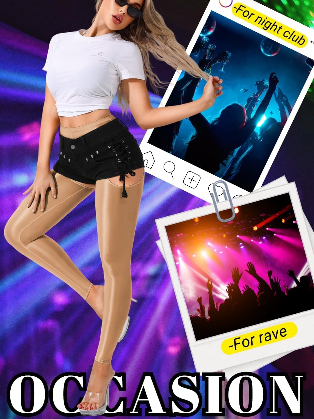 image:imageChiaoLezhee Sexy Shiny Leggings For Women Sheer High Waisted Shimmer Sparkly Glossy Rave Party Pants Suspender PantyhoseCoffee