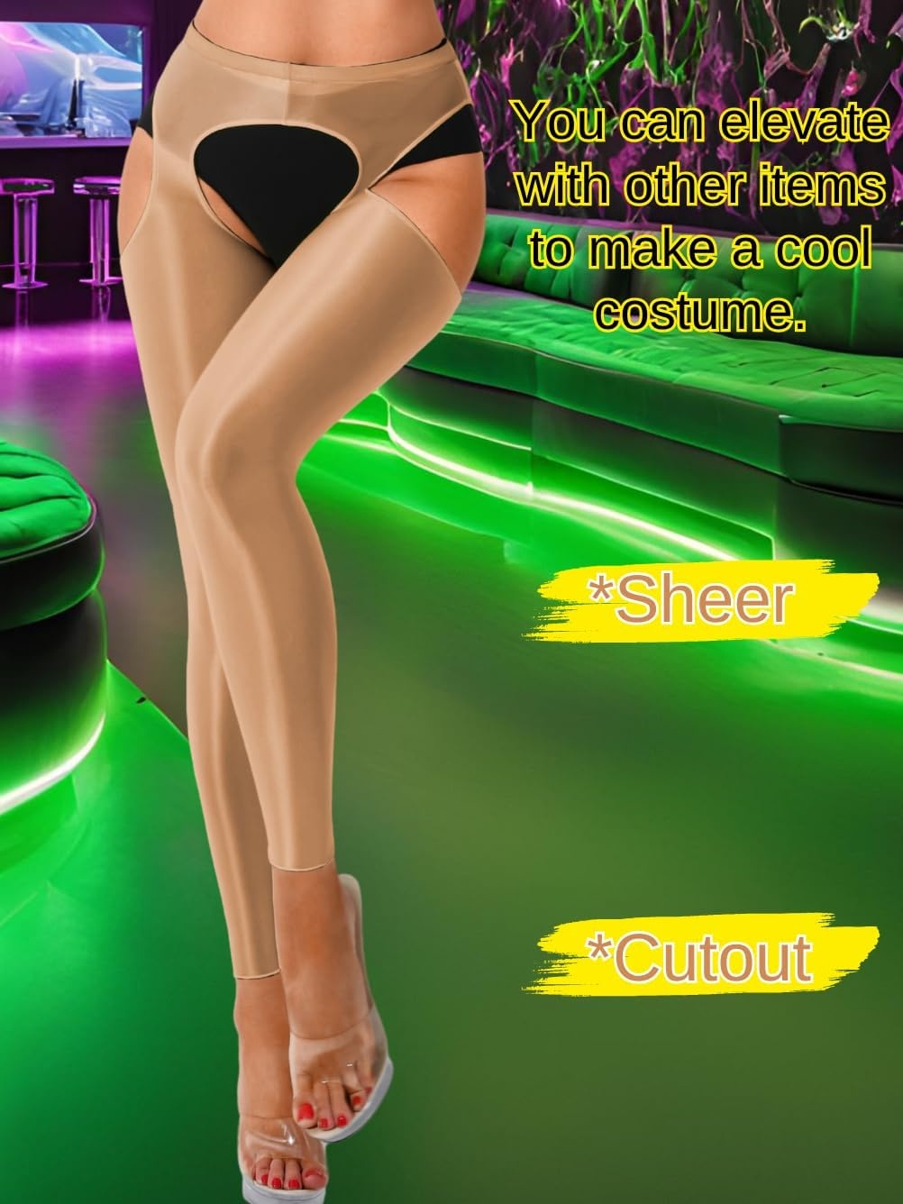 image:imageChiaoLezhee Sexy Shiny Leggings For Women Sheer High Waisted Shimmer Sparkly Glossy Rave Party Pants Suspender PantyhoseCoffee