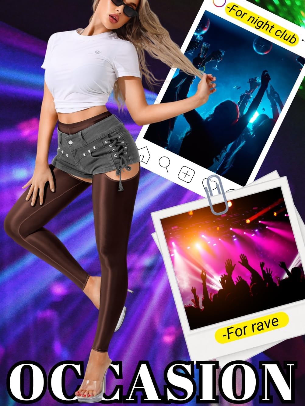 image:imageChiaoLezhee Sexy Shiny Leggings For Women Sheer High Waisted Shimmer Sparkly Glossy Rave Party Pants Suspender PantyhoseDark Brown
