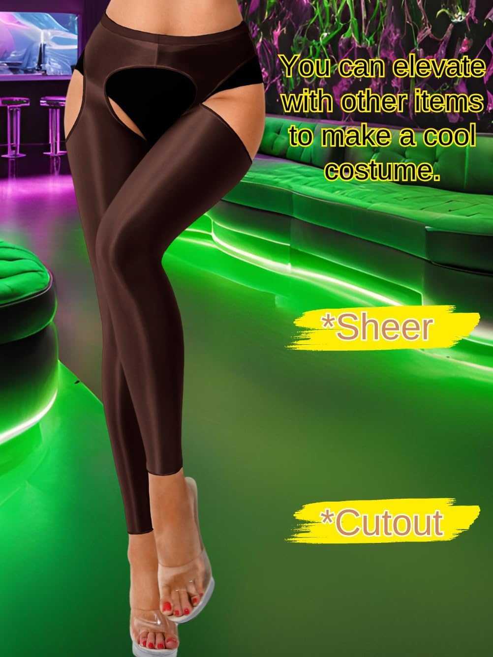 image:imageChiaoLezhee Sexy Shiny Leggings For Women Sheer High Waisted Shimmer Sparkly Glossy Rave Party Pants Suspender PantyhoseDark Brown