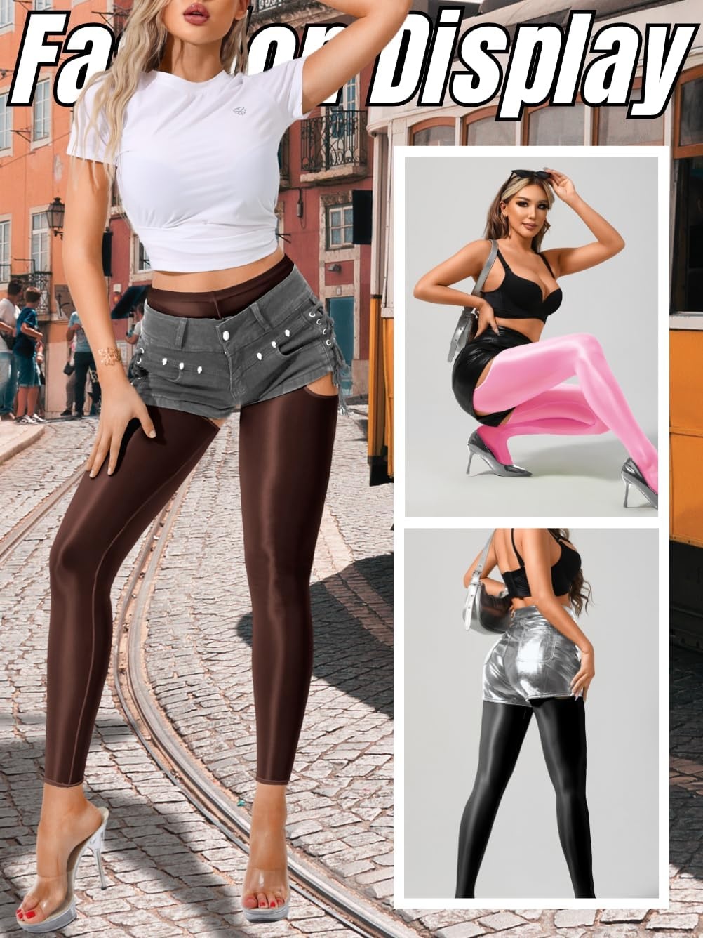 image:imageChiaoLezhee Sexy Shiny Leggings For Women Sheer High Waisted Shimmer Sparkly Glossy Rave Party Pants Suspender PantyhoseDark Brown