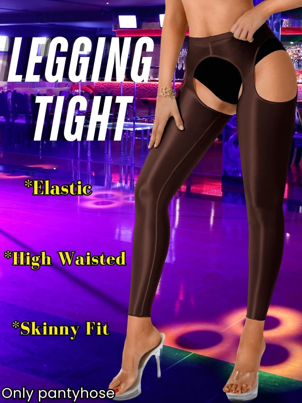 image:imageChiaoLezhee Sexy Shiny Leggings For Women Sheer High Waisted Shimmer Sparkly Glossy Rave Party Pants Suspender PantyhoseDark Brown