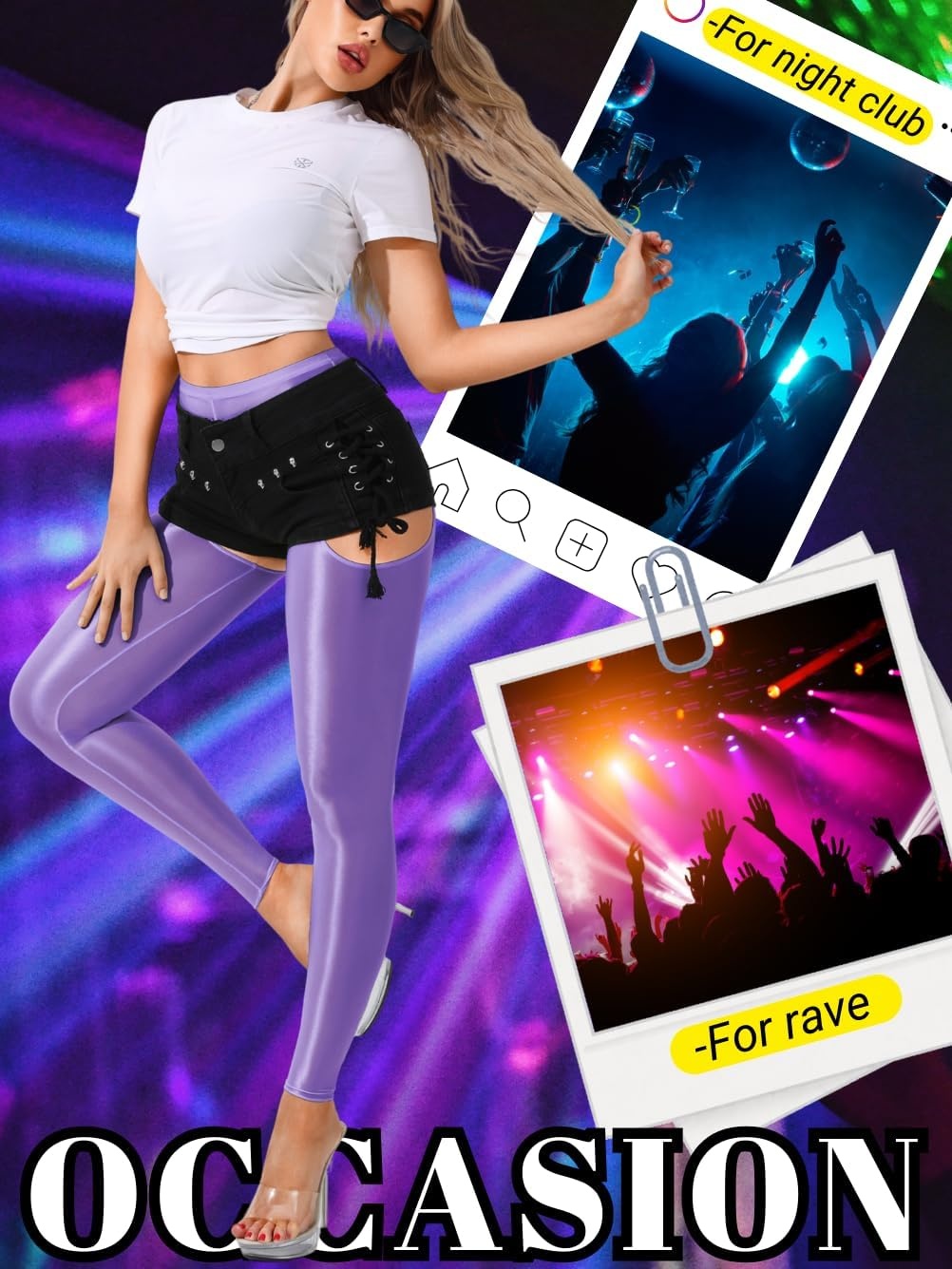 image:imageChiaoLezhee Sexy Shiny Leggings For Women Sheer High Waisted Shimmer Sparkly Glossy Rave Party Pants Suspender PantyhoseDark Purple