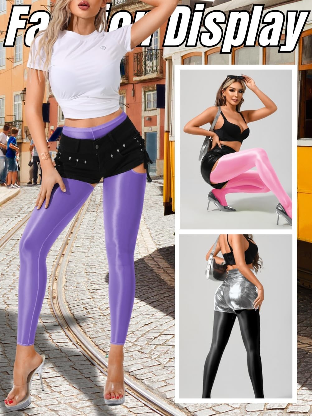 image:imageChiaoLezhee Sexy Shiny Leggings For Women Sheer High Waisted Shimmer Sparkly Glossy Rave Party Pants Suspender PantyhoseDark Purple