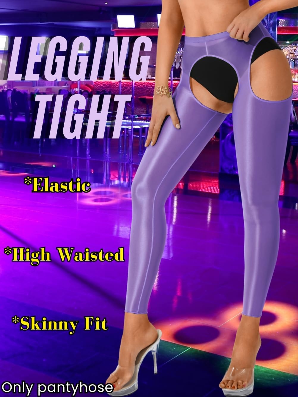 image:imageChiaoLezhee Sexy Shiny Leggings For Women Sheer High Waisted Shimmer Sparkly Glossy Rave Party Pants Suspender PantyhoseDark Purple