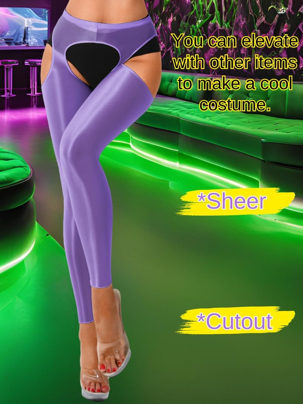 image:imageChiaoLezhee Sexy Shiny Leggings For Women Sheer High Waisted Shimmer Sparkly Glossy Rave Party Pants Suspender PantyhoseDark Purple