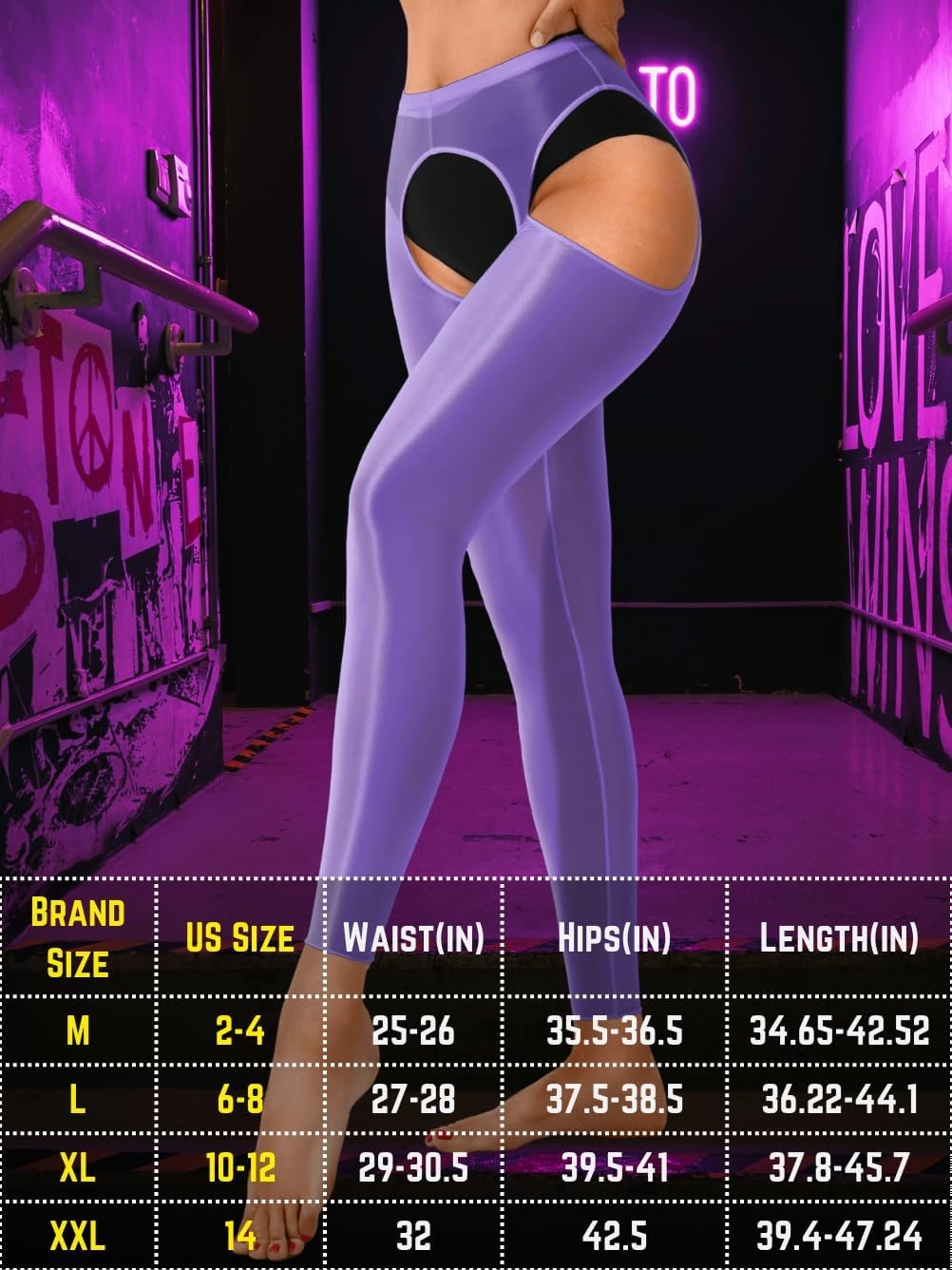 image:imageChiaoLezhee Sexy Shiny Leggings For Women Sheer High Waisted Shimmer Sparkly Glossy Rave Party Pants Suspender PantyhoseDark Purple