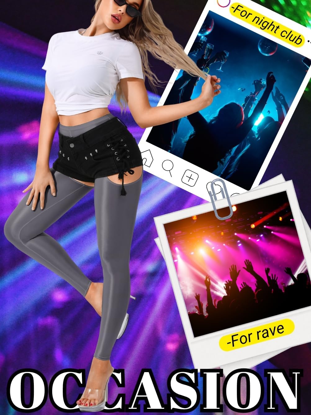 image:imageChiaoLezhee Sexy Shiny Leggings For Women Sheer High Waisted Shimmer Sparkly Glossy Rave Party Pants Suspender PantyhoseGrey