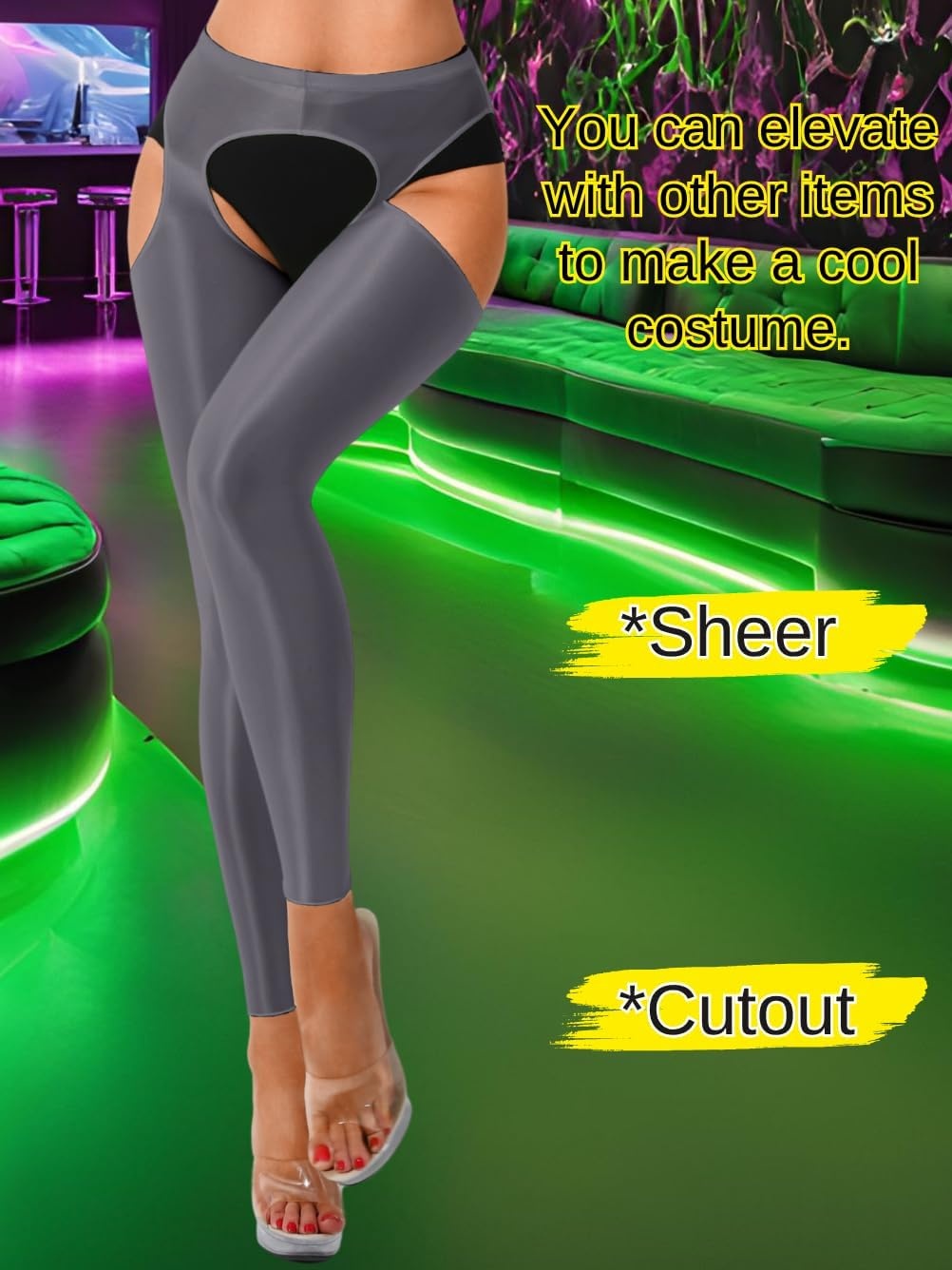 image:imageChiaoLezhee Sexy Shiny Leggings For Women Sheer High Waisted Shimmer Sparkly Glossy Rave Party Pants Suspender PantyhoseGrey