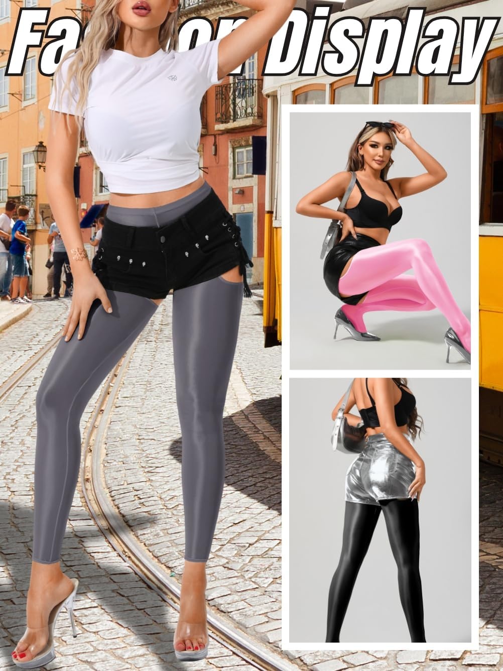 image:imageChiaoLezhee Sexy Shiny Leggings For Women Sheer High Waisted Shimmer Sparkly Glossy Rave Party Pants Suspender PantyhoseGrey