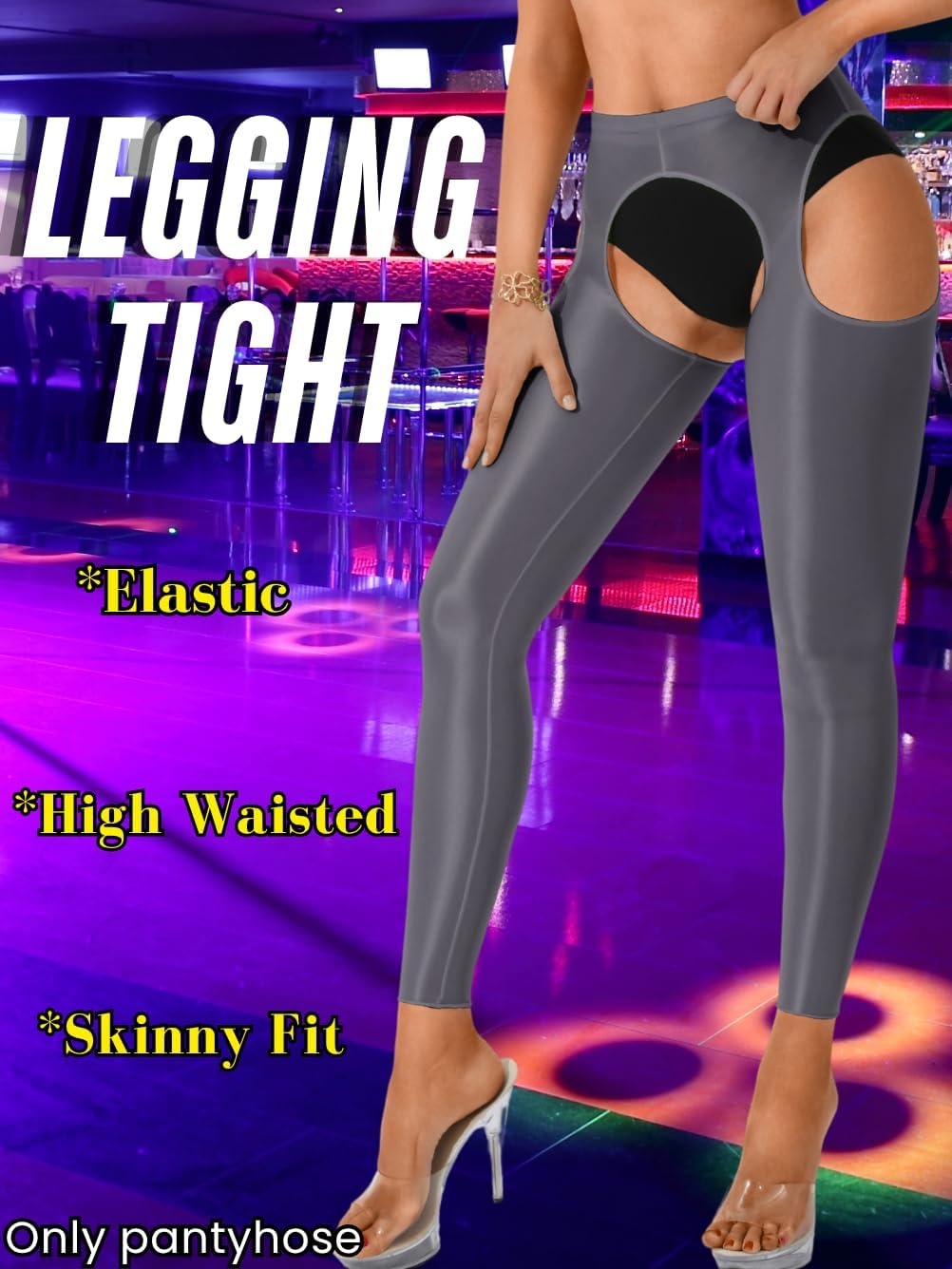 image:imageChiaoLezhee Sexy Shiny Leggings For Women Sheer High Waisted Shimmer Sparkly Glossy Rave Party Pants Suspender PantyhoseGrey